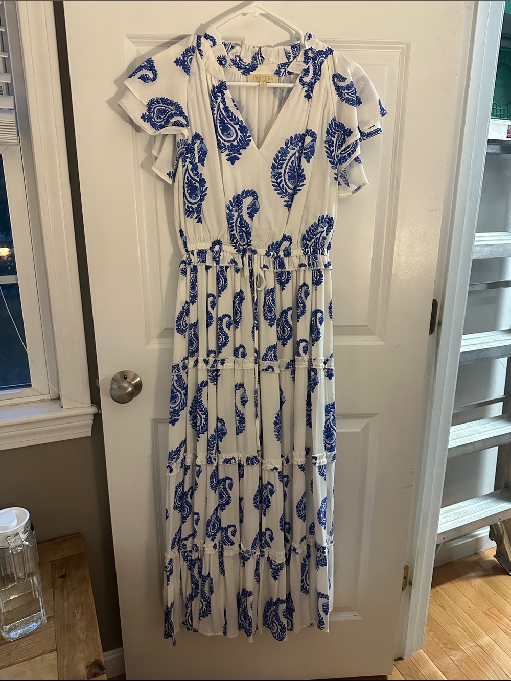 White Maxi Dress with Blue Paisley Print and Flutter Sleeves